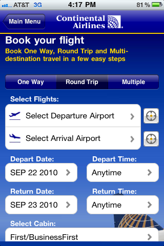 Continental Airlines, Inc free app screenshot 2