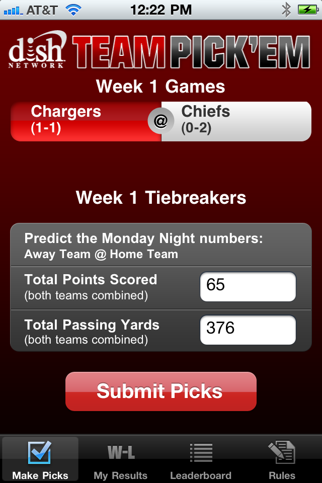 Dish Network NFL Team Pick'Em Sweepstakes 2010 free app screenshot 3