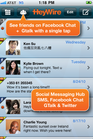 HeyWire Free Texting 45+ Countries, Facebook Chat, Twitter & IM free app screenshot 1