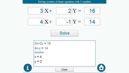Calculator for solving systems of linear equations with two variables - 2x2 system of linear equatio