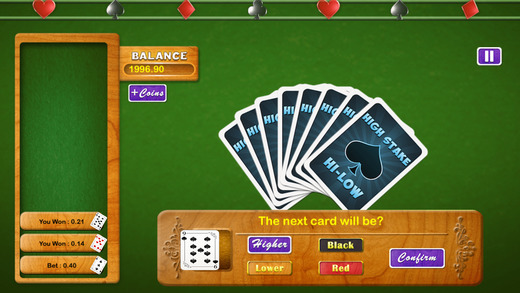 High Stake HiLo Casino Card - play Vegas gambling card game