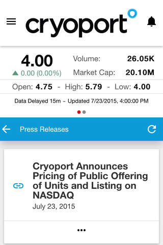Cryoport Investor Relations screenshot 2