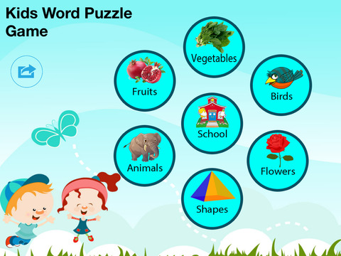 Kids Word Puzzles - Spell to learn Animals Birds Fruits Flowers Shapes Vegetables for preschool and 