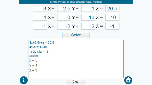 Calculator for solving systems of linear equations with three variables - 3x3 system of linear equat