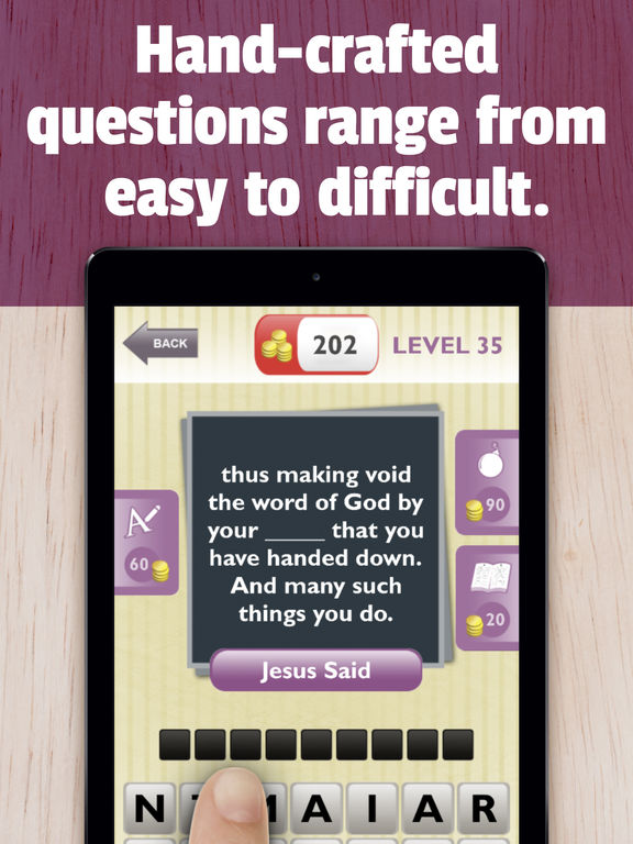 Screenshots of Bible Trivia - Christian Bible test to grow faith with God. Guess Jesus quotes, audio clues and more for iPad