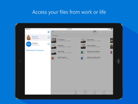 Screenshots of Microsoft OneDrive for iPad