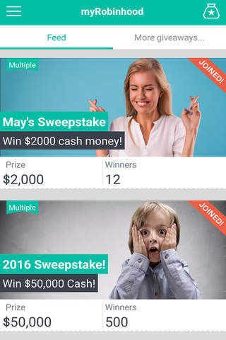 myRobinHood - Giveaways Revolution - Daily Cash Prizes Sweepstakes App 2016 screenshot 2