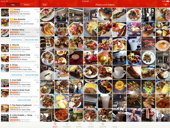 Screenshots of Yelp for iPad