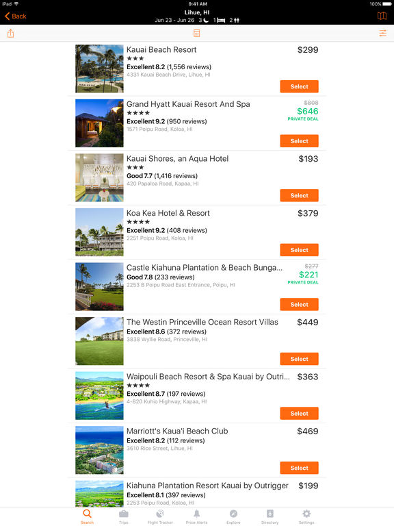 Screenshots of KAYAK for iPad