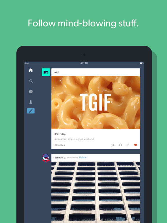 Screenshots of Tumblr for iPad